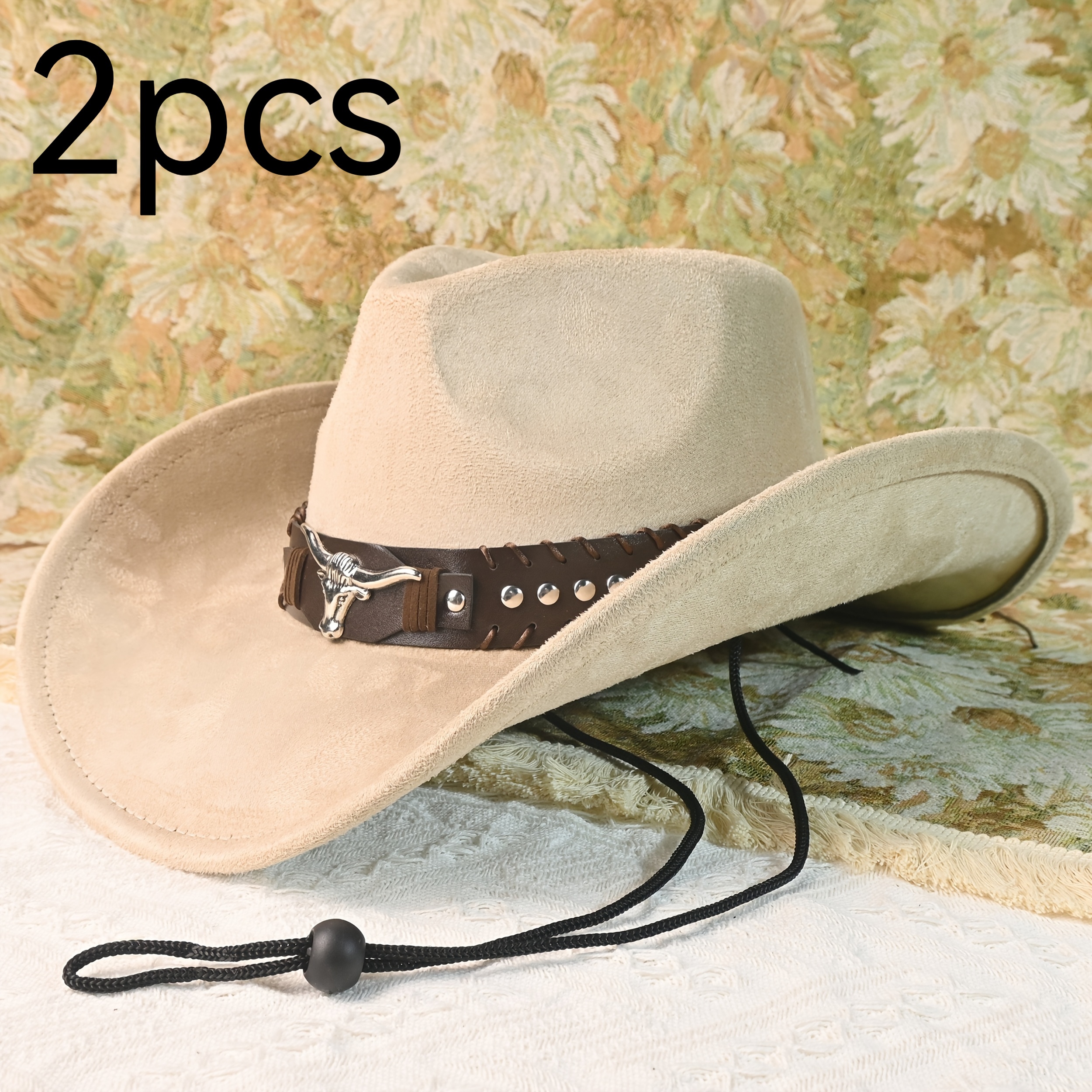 TEMU 2pcs Women's Elegant Western Cowboy Hats - Lightweight Non-stretch Polyester, Solid Color With Metallic & Stud Accents, For Casual & Forma