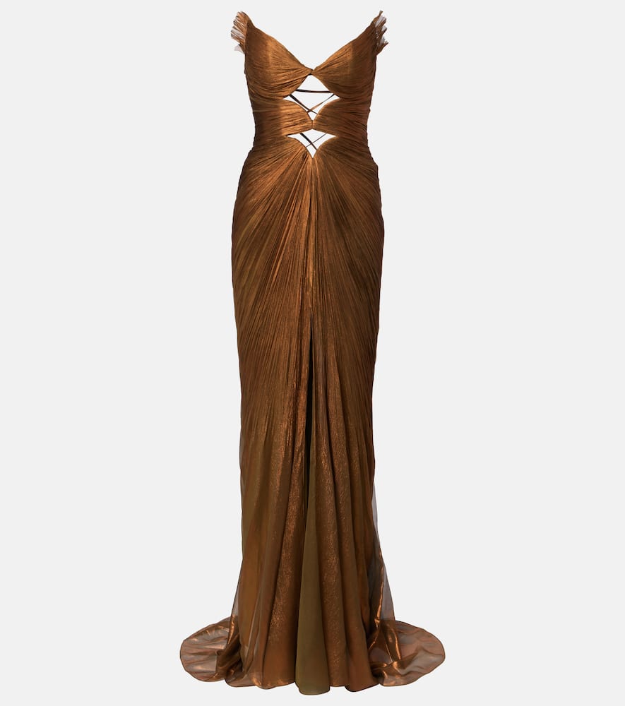 Cutout pleated silk gown