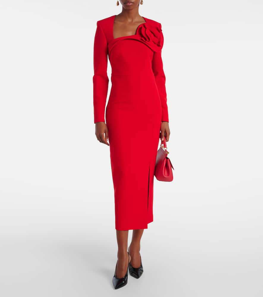 Floral-appliqué crêpe midi dress