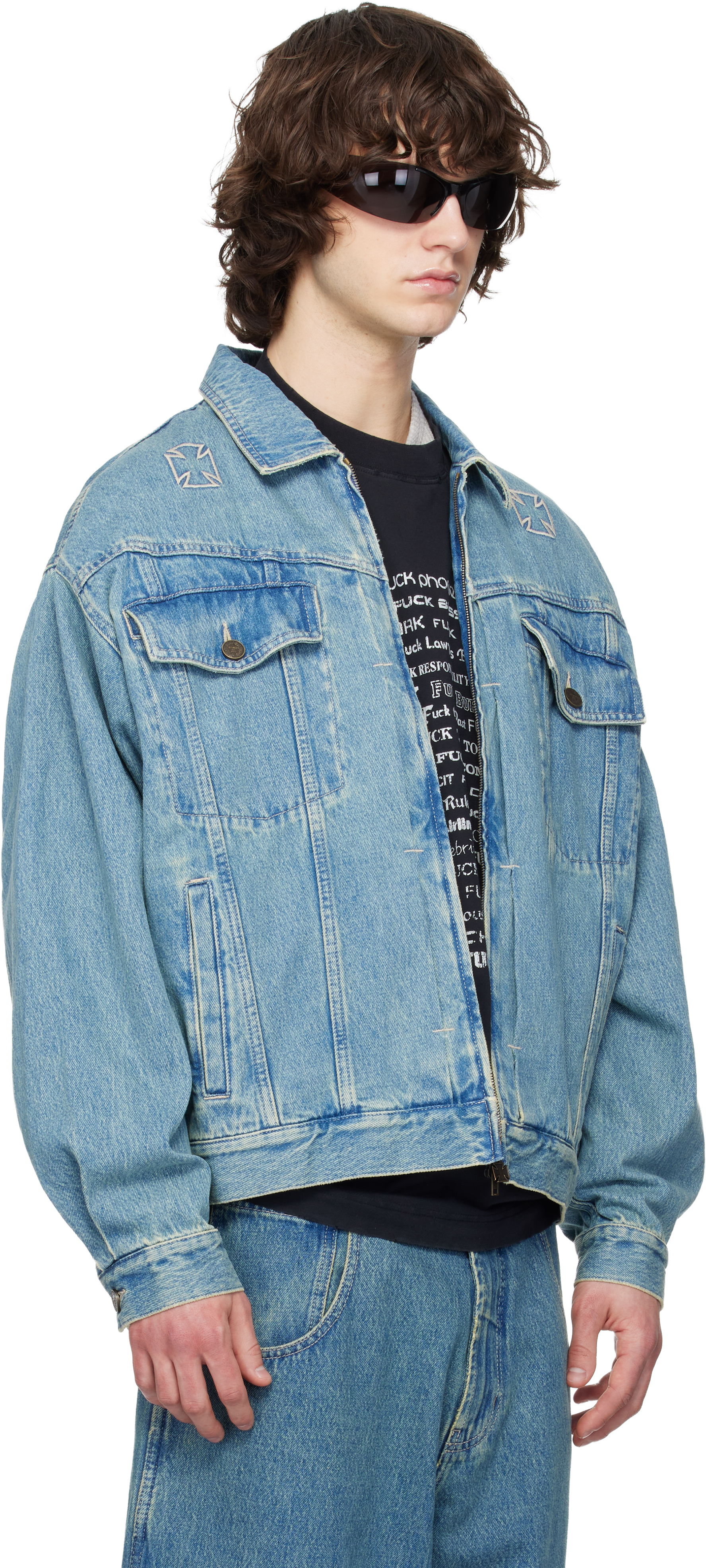 Blue Biker Crosses Denim Jacket