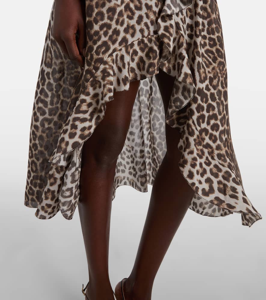Lace-trimmed leopard-print asymmetric midi dress