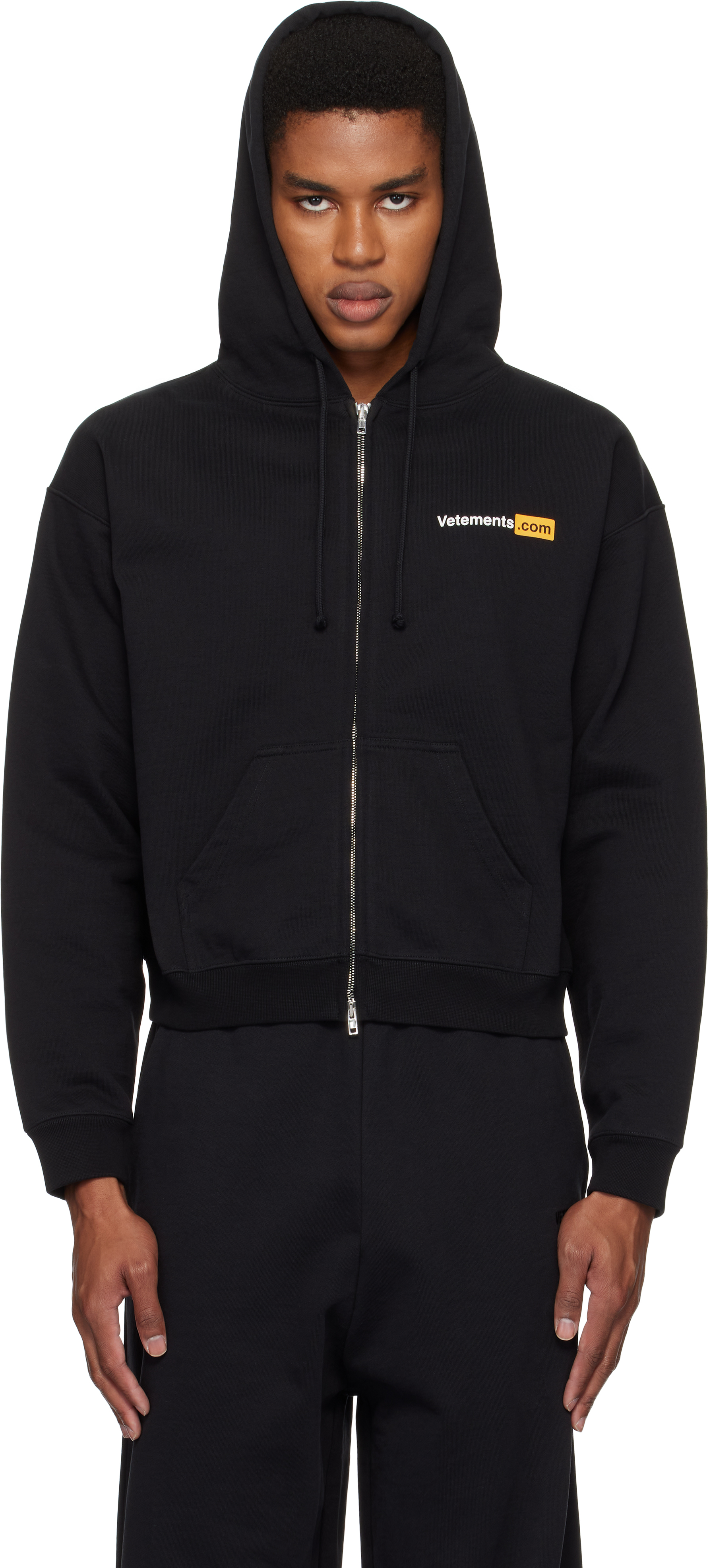 VETEMENTS Black 'Vetements. com' Fitted Zip-Up Hoodie
