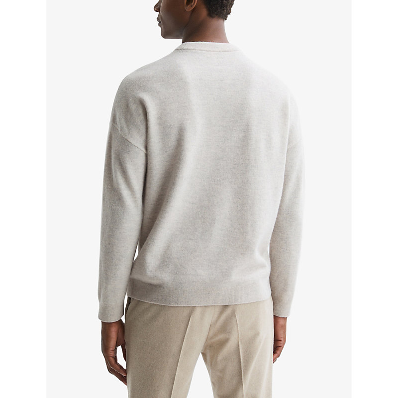 Mens Oatmeal Melange Putney Crew-neck Long-sleeve Wool Jumper L