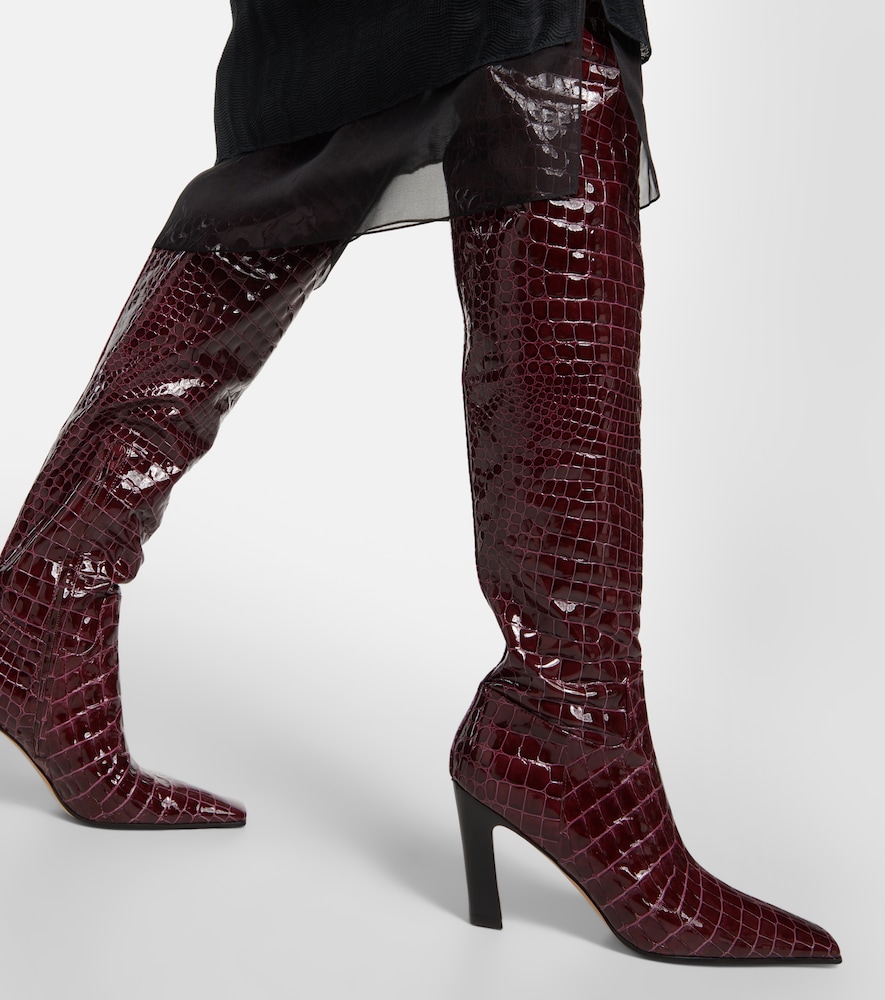 Snake-effect leather knee-high boots
