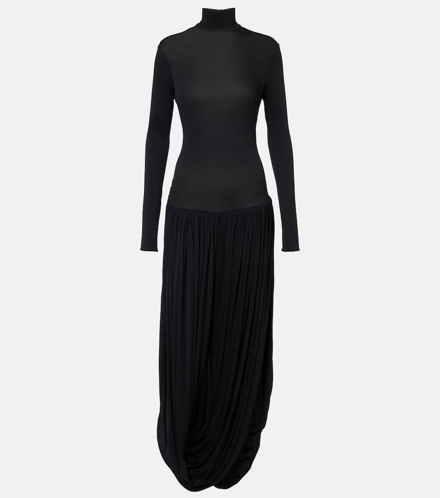 Asymmetric pleated turtleneck maxi dress