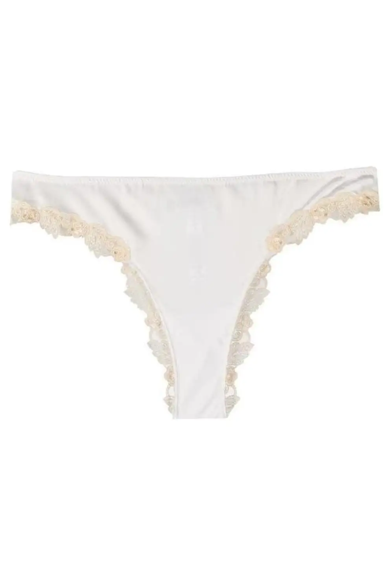 Silk Satin with Hand-Embroidered Frastaglio Thong — White