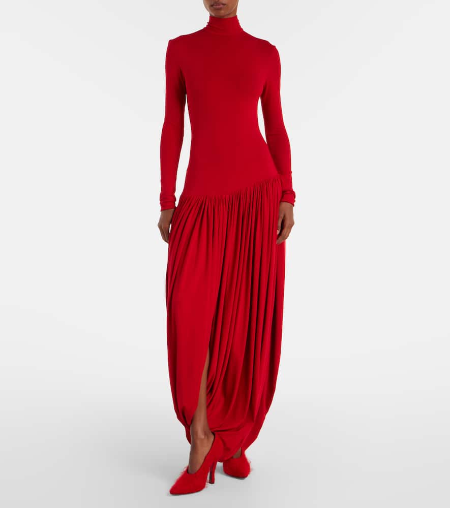 Asymmetric pleated turtleneck dress