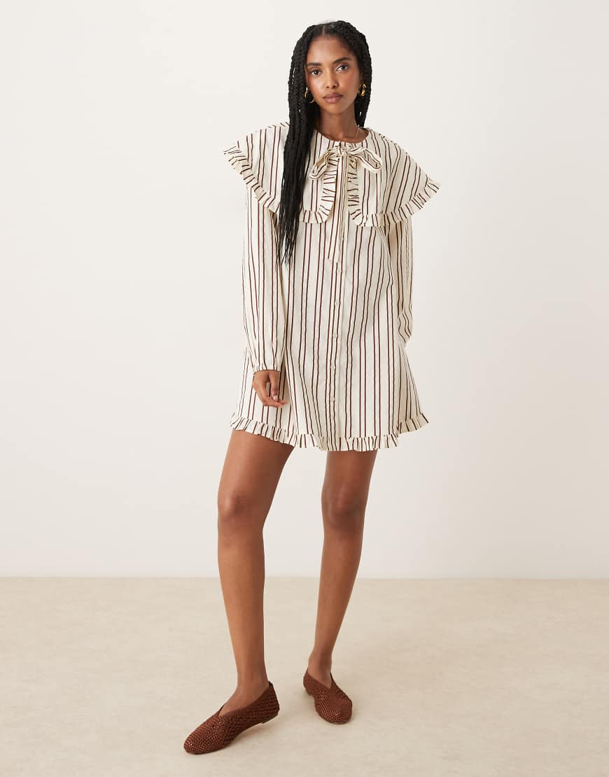 Striped oversized collar mini smock dress in olive and brown-Multi