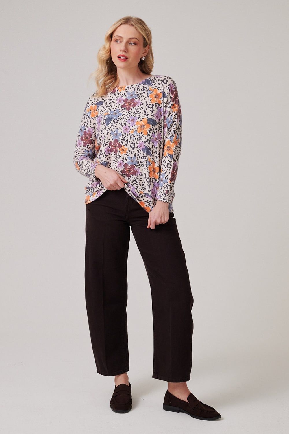 Klass. Floral Print Batwing Jumper In Beige