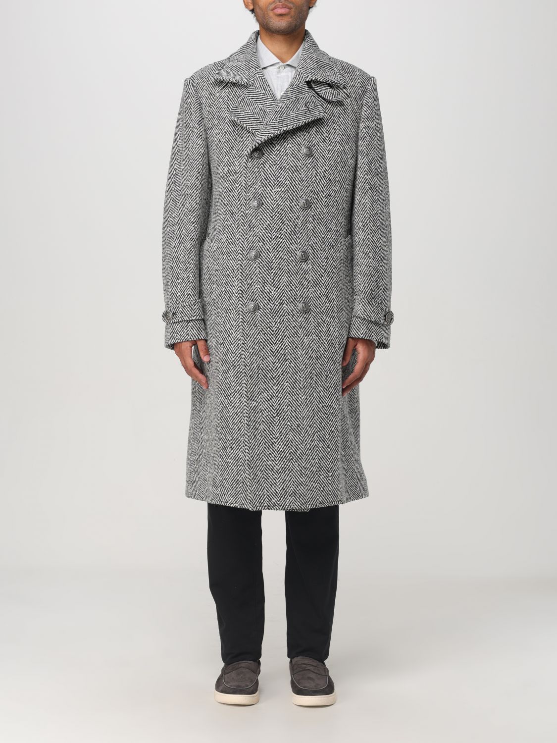 Herringbone-pattern double-breasted coat - Black