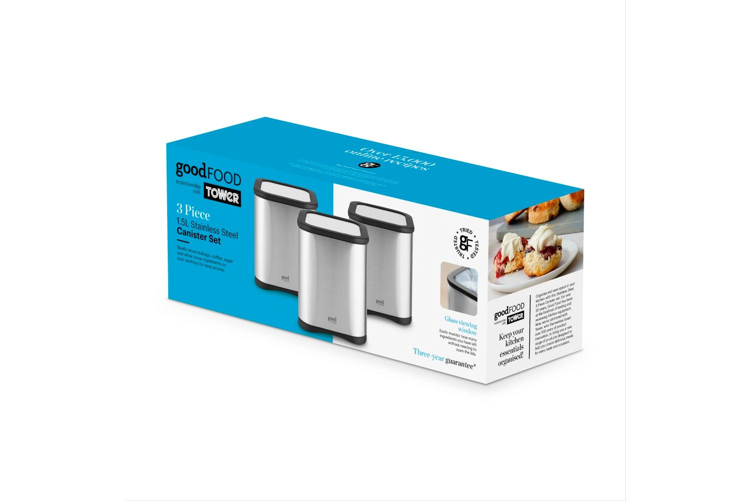 Tower Unisex Set Kitchen Storage Canisters for Tea, Coffee, Sugar & Other Loose Ingredients w/ Mirror Finish, 1.5L, Stainless Steel in Grey