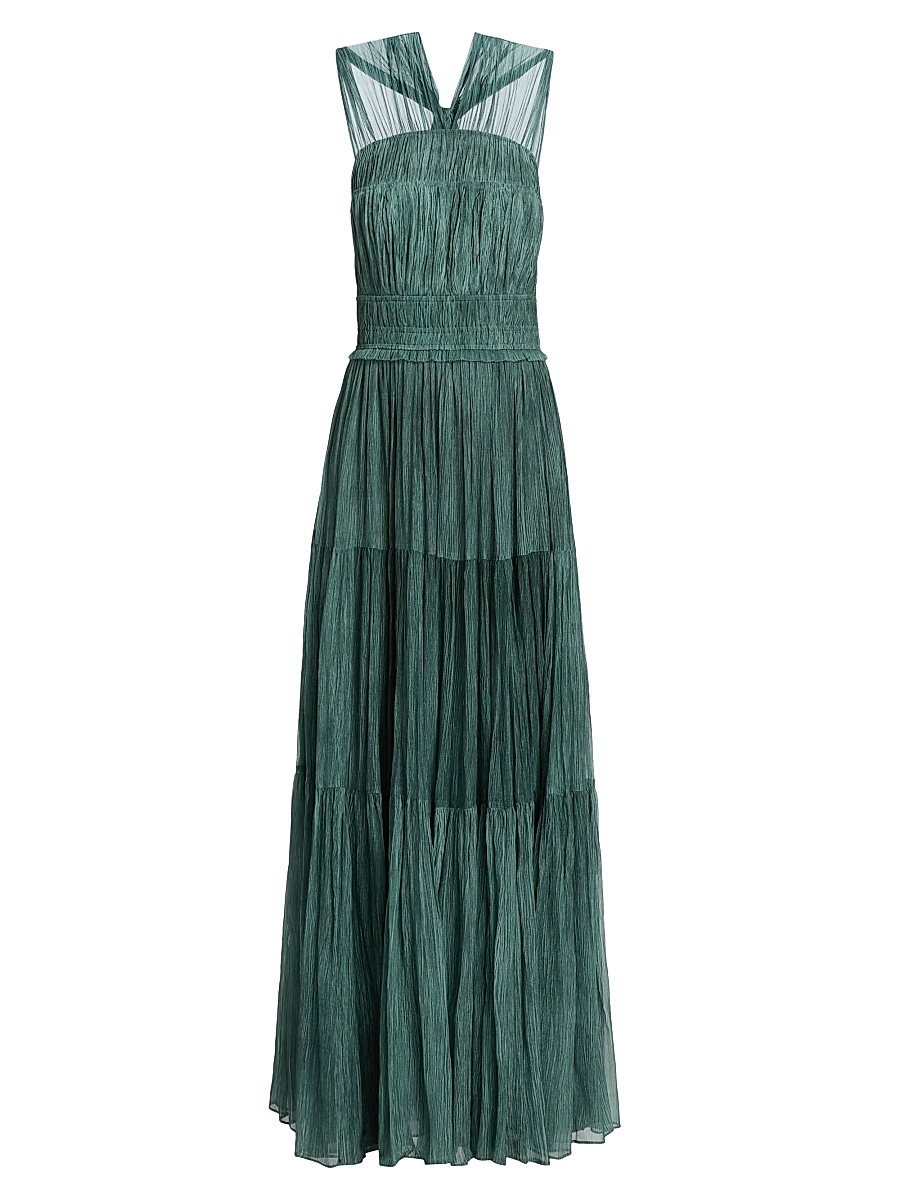 Women's Freesia Shirred Silk Chiffon Sleeveless Gown - Kelp