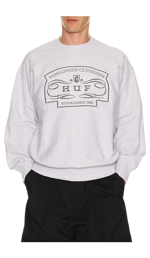 HUF Worldwide Clothiers Crewneck Sweatshirt in Grey. L. Also in S, M, XL/1X