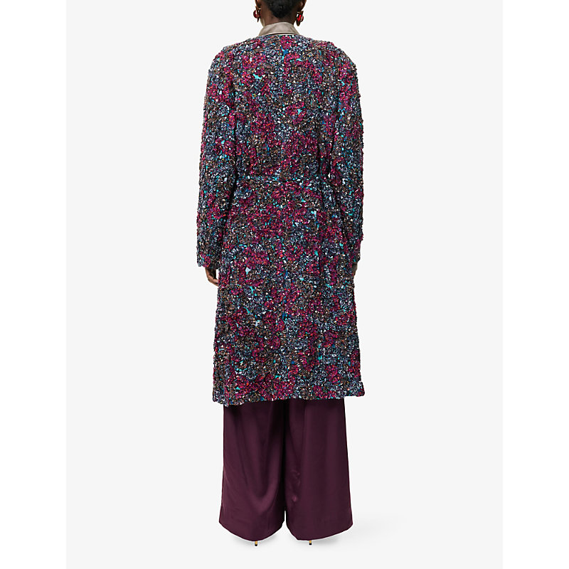 Womens Bead-Embellished Ruffle Woven Coat