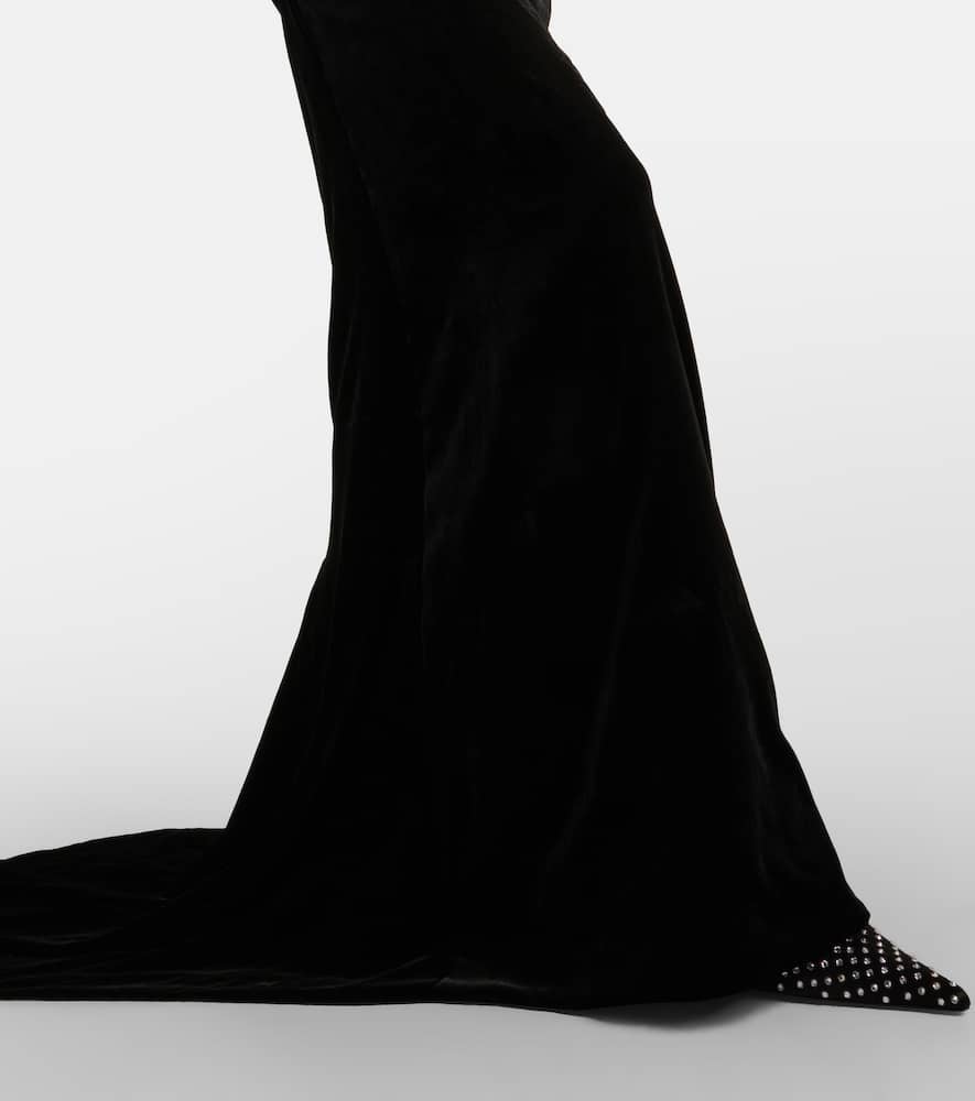 Bow-detail off-shoulder velvet gown