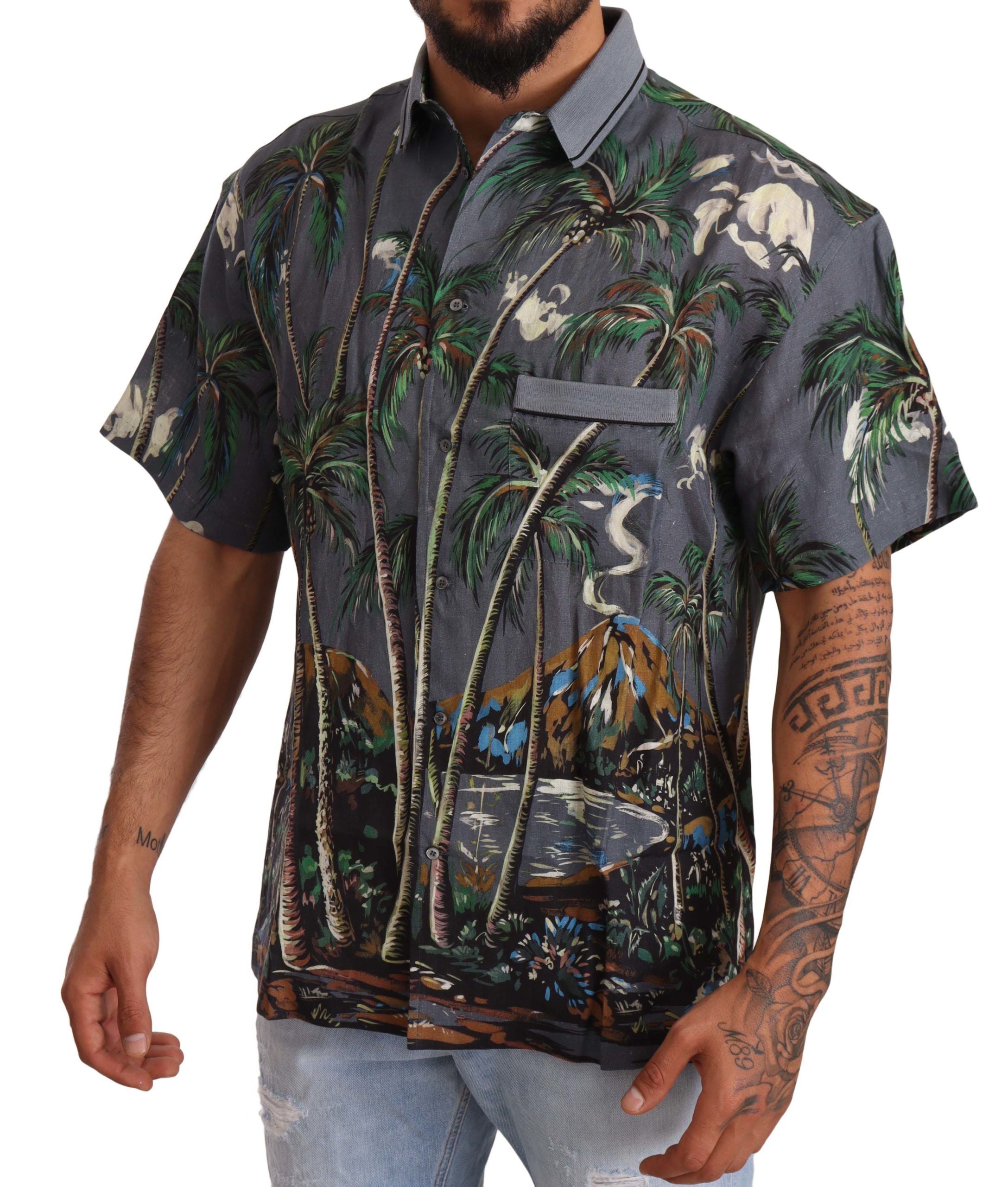 Tropical Print Linen Shirt — Gray