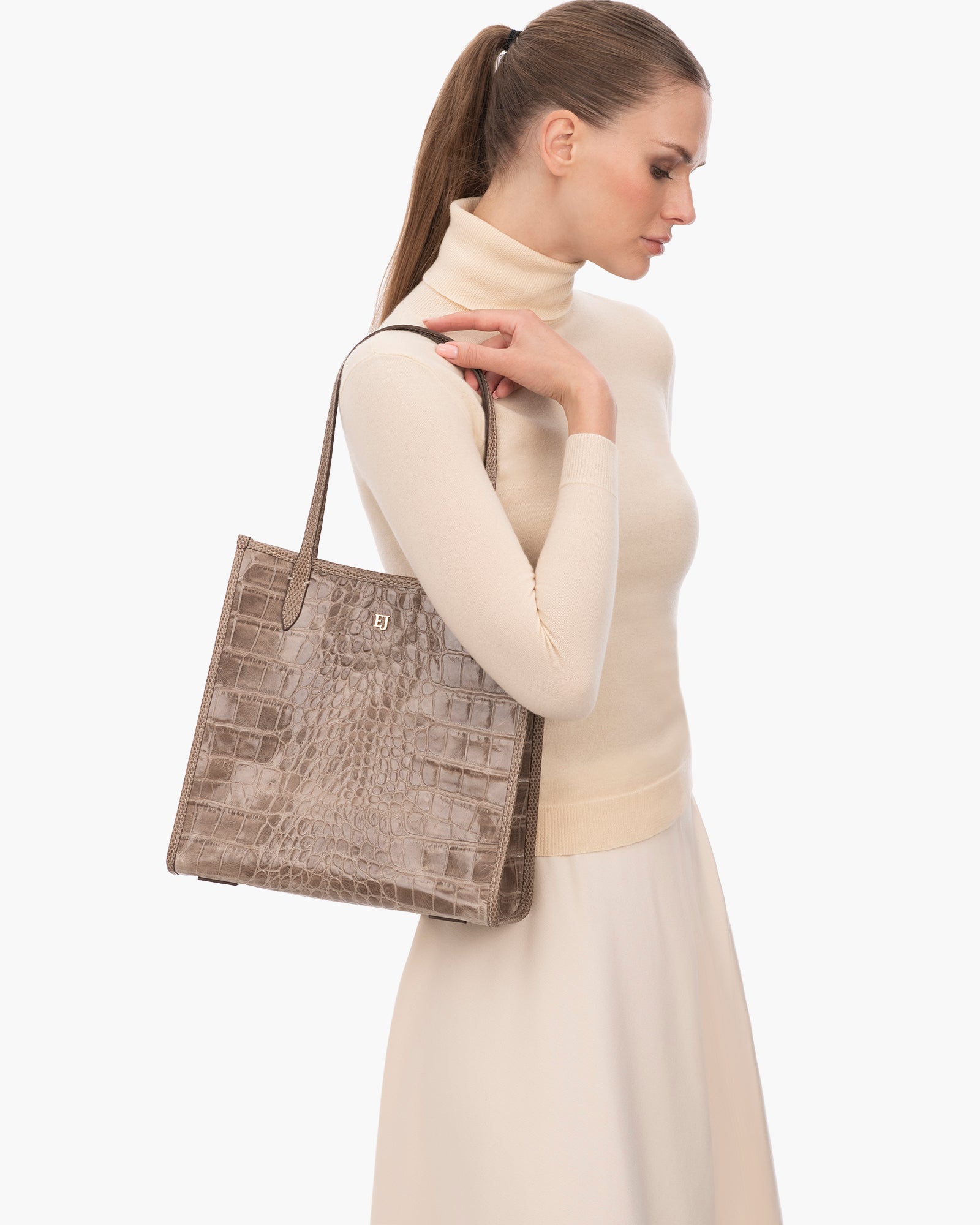 Baxter Embossed Leather Shoulder Bag for Women - Taupe, Zip Top Closure, Outer Pocket