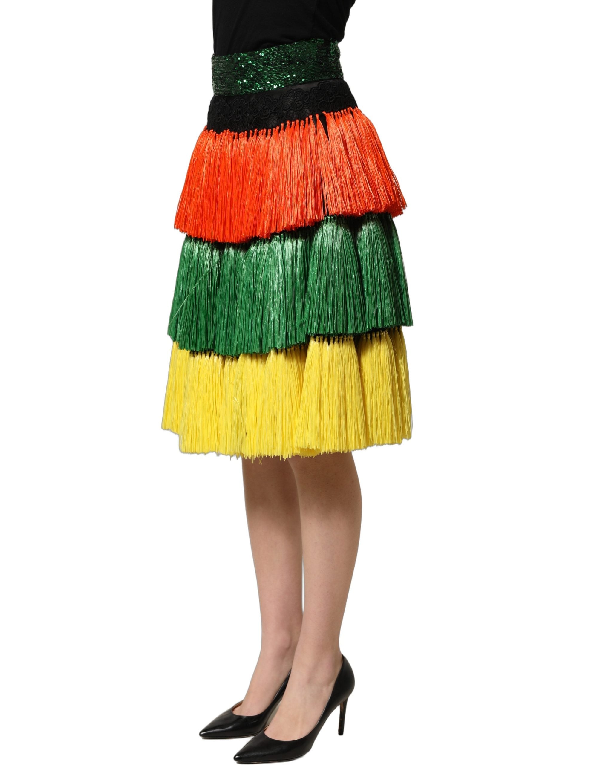 Tiered Fringe Sequin Skirt — Multicolor