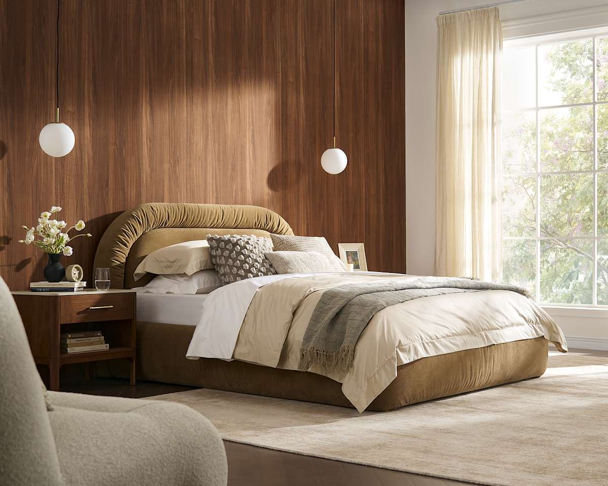 Camille Queen Size Bed, (Mila) Camel, Upholstered Headboard, Low-Profile Bed for Women