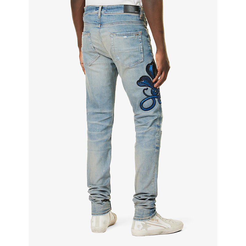 Mens Clay Indigo Snake-patch Slim-fit Tapered Stretch-denim Jeans