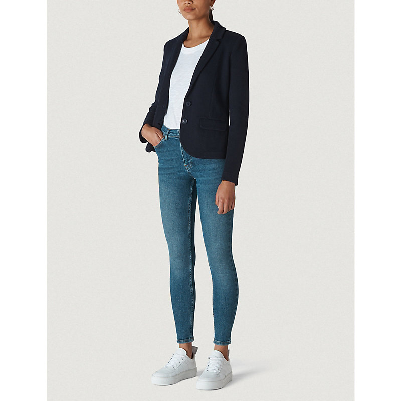 Womens Navy Single-breasted Slim-fit Cotton-jersey Jacket