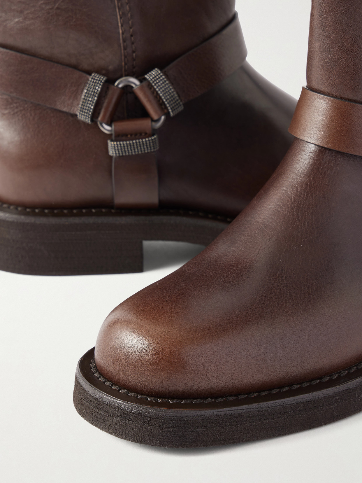 Bead-embellished Leather Biker Boots - Brown