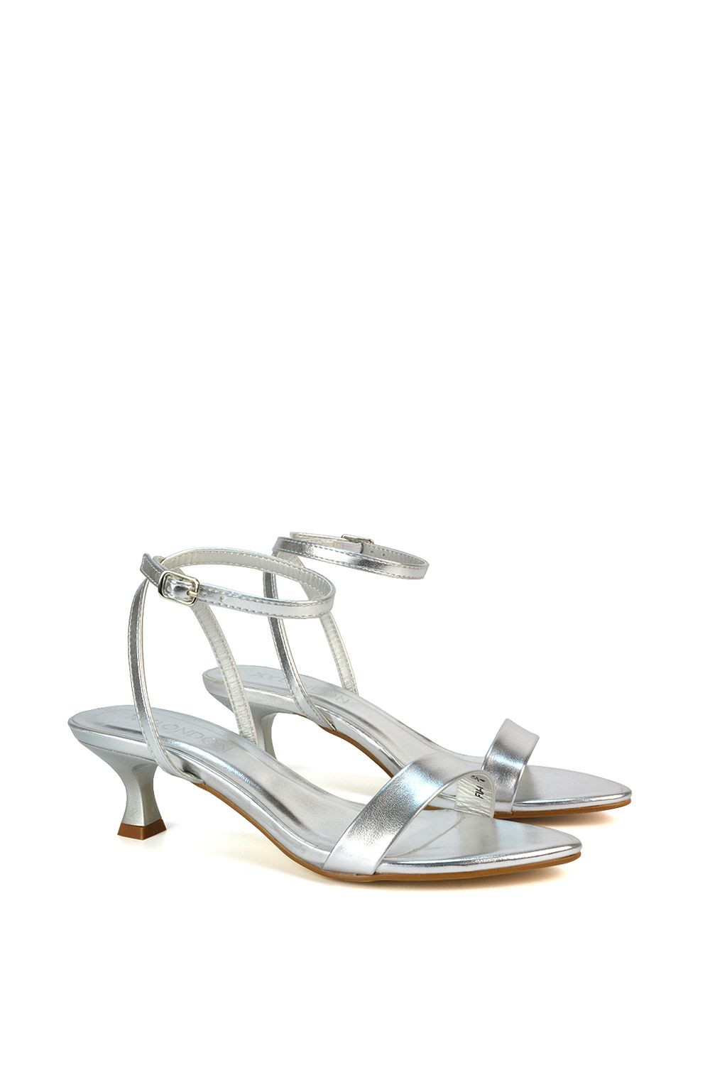 XY London Women's 'Antonia' Kitten Low Heel Strappy Sandal Two Part Heeled Shoes in Metallic Silver
