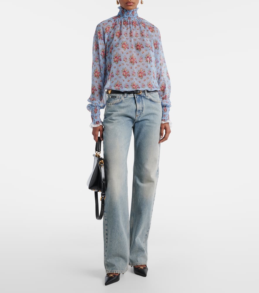 Floral ruffled silk and cotton blouse