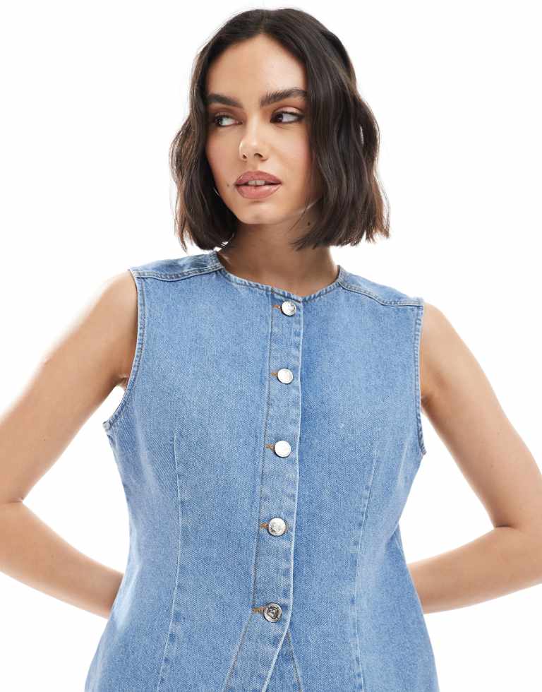 Miss Selfridge Womens denim waistcoat in mid wash - Blue - X-Sma