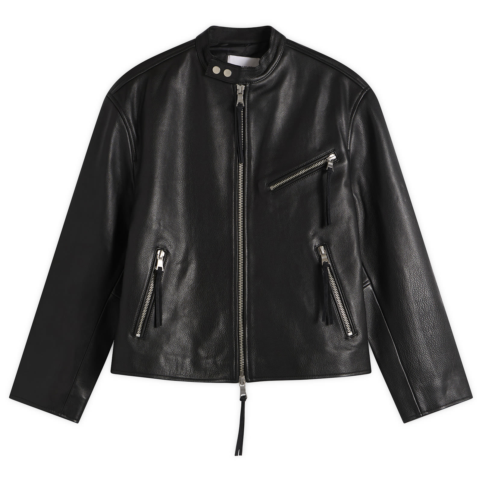 Men's Cropped Leather Racer Jacket Black