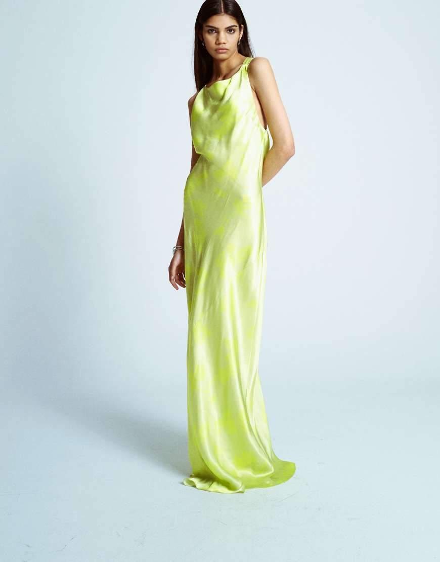 Racer neck with dropped cowl back in lime floral-Green