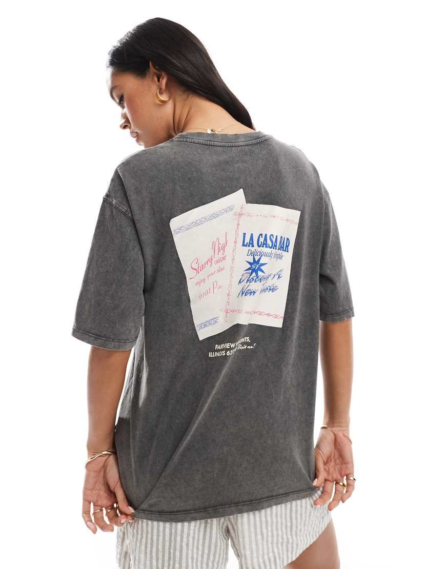 Pull & Bear 'Fresco Bar' oversized graphic tee in washed gray
