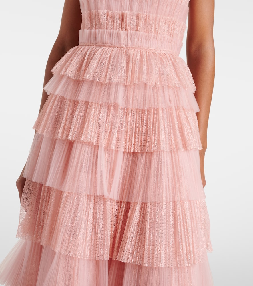Trissa plissé tiered tulle and lace gown