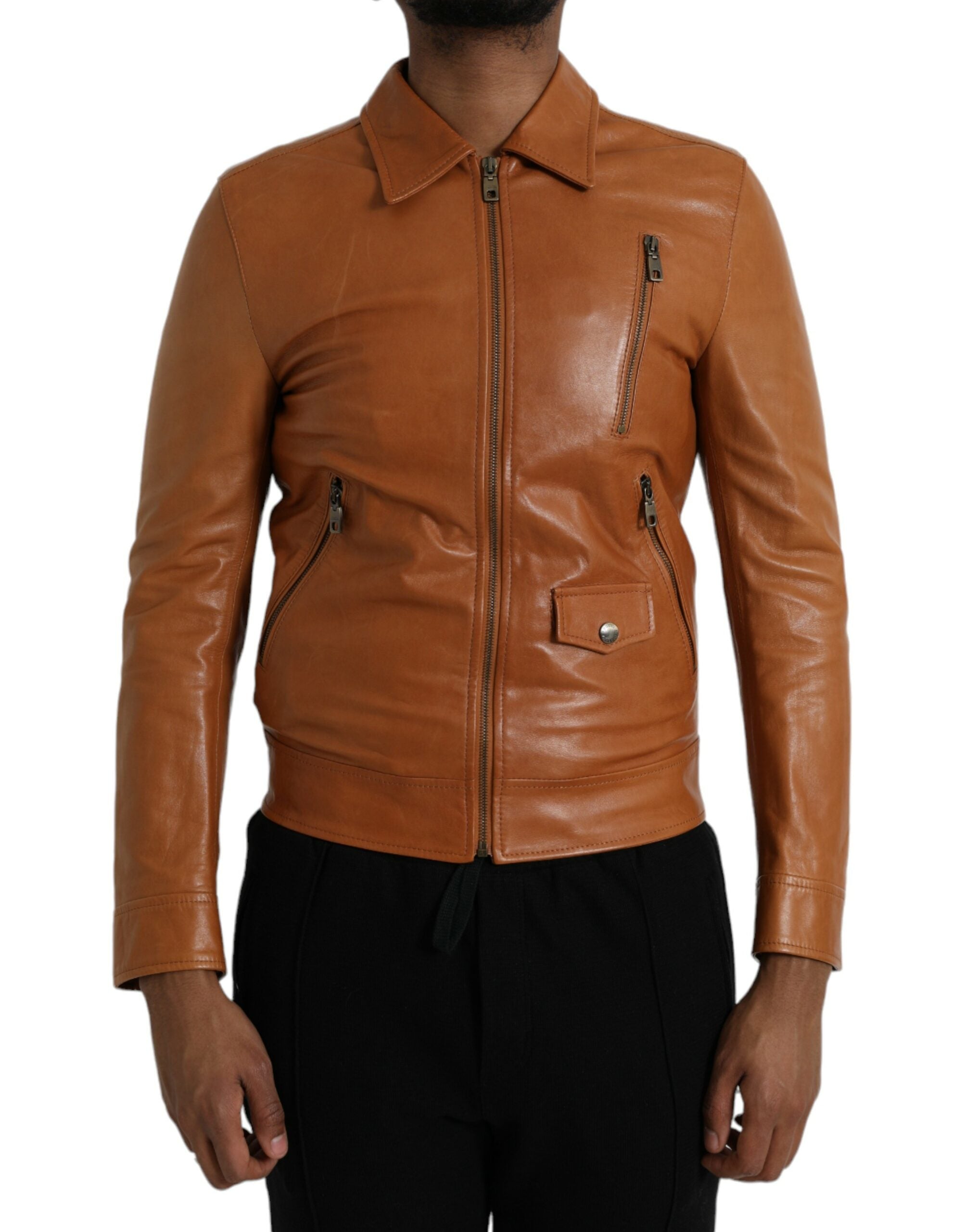 Lamb Leather Blouson Jacket — Brown