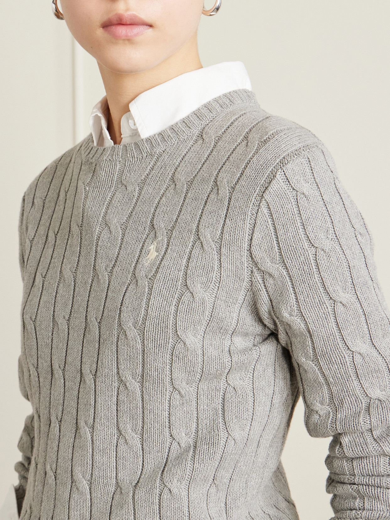 Embroidered Cable-knit Cotton Sweater - Gray