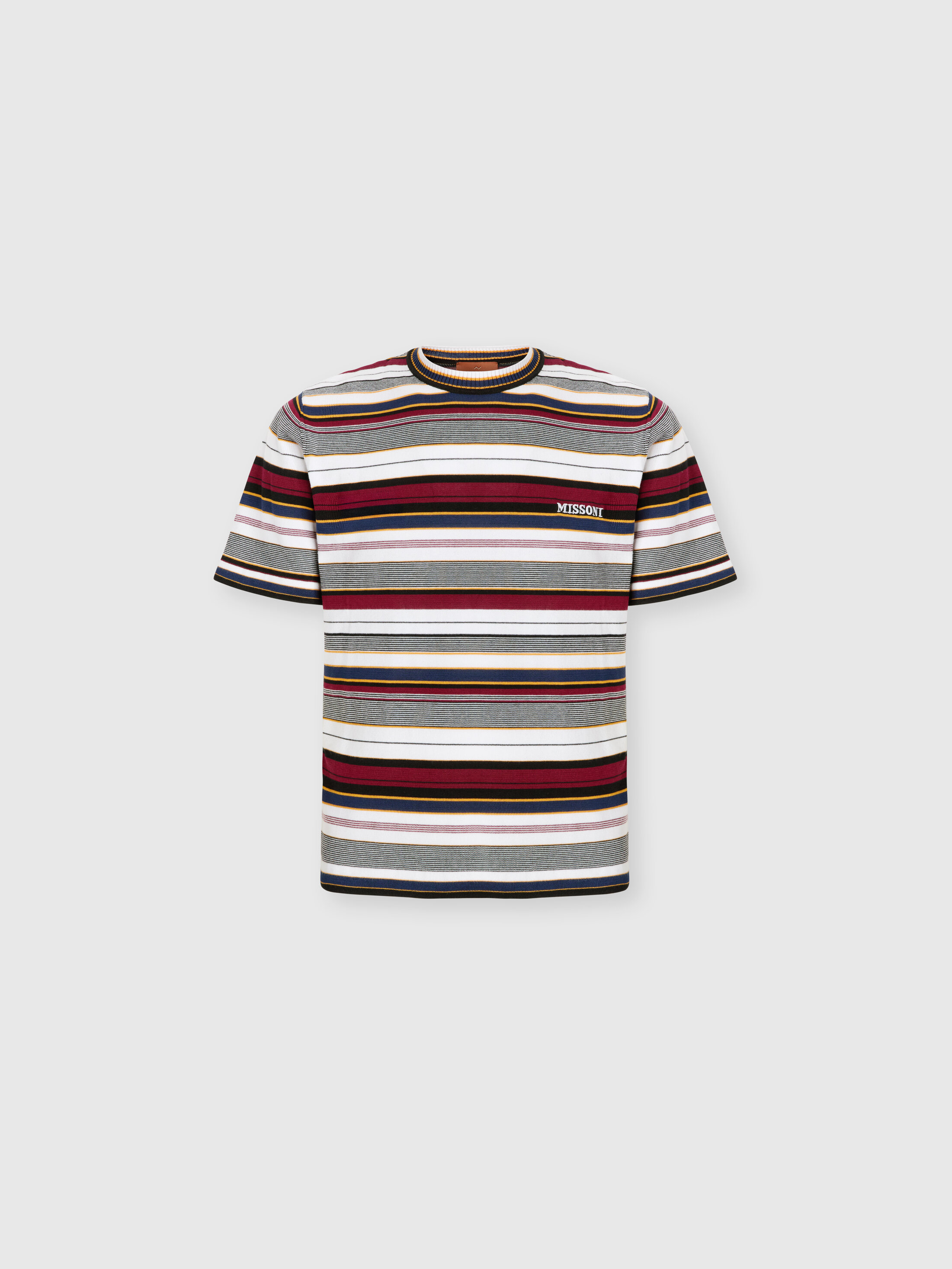 Missoni - T-shirt girocollo in cotone rigato con scritta logo ricamata, Uomo, Beige& Bianco