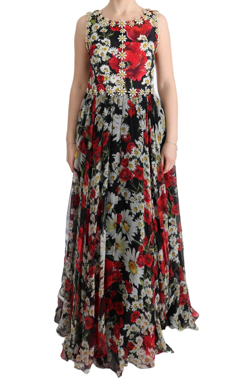 Silk Floral Crystal Maxi Dress — Black