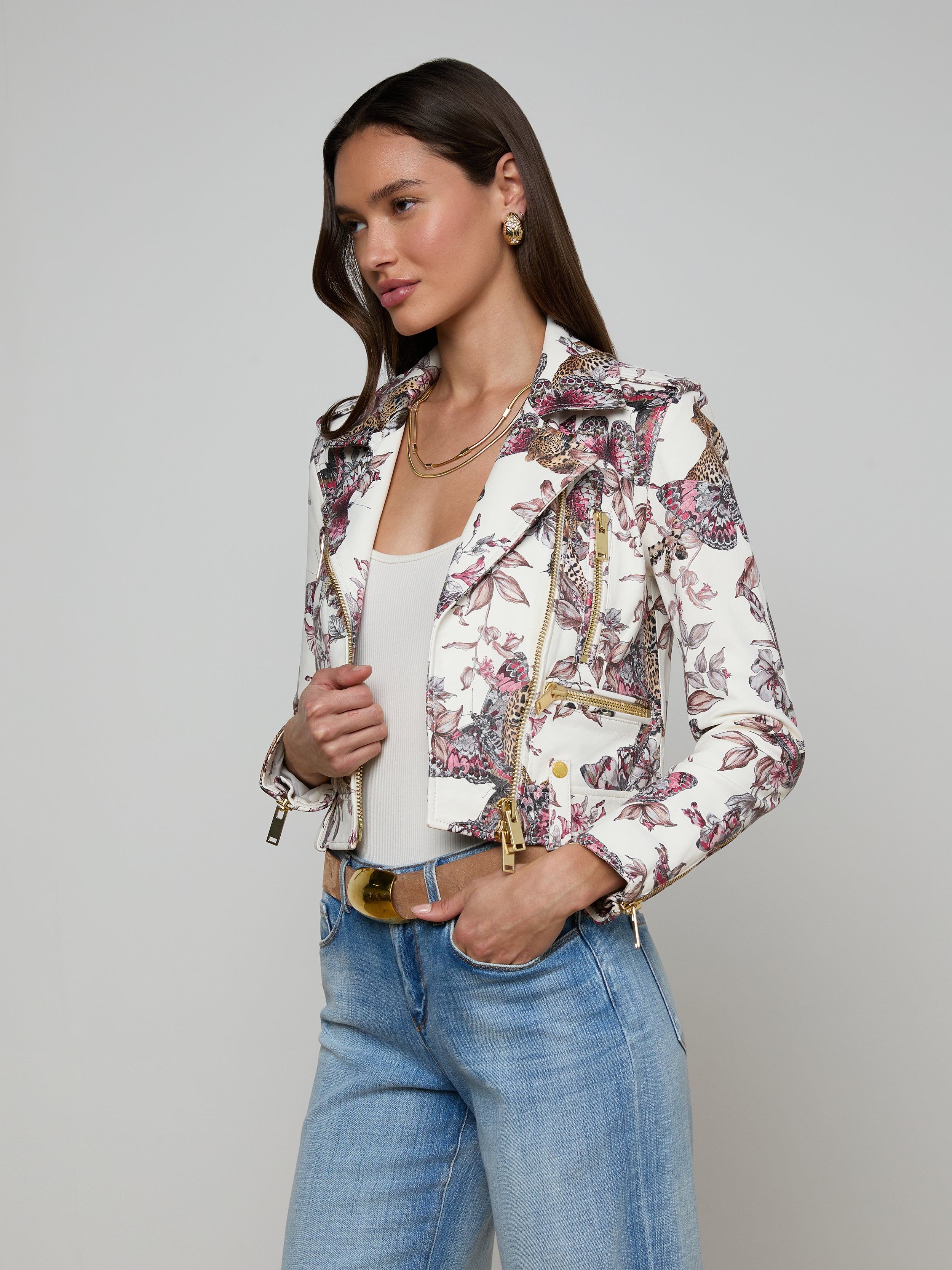 Blakely Leather Biker Jacket In White Multi Small Butterfly Jungle