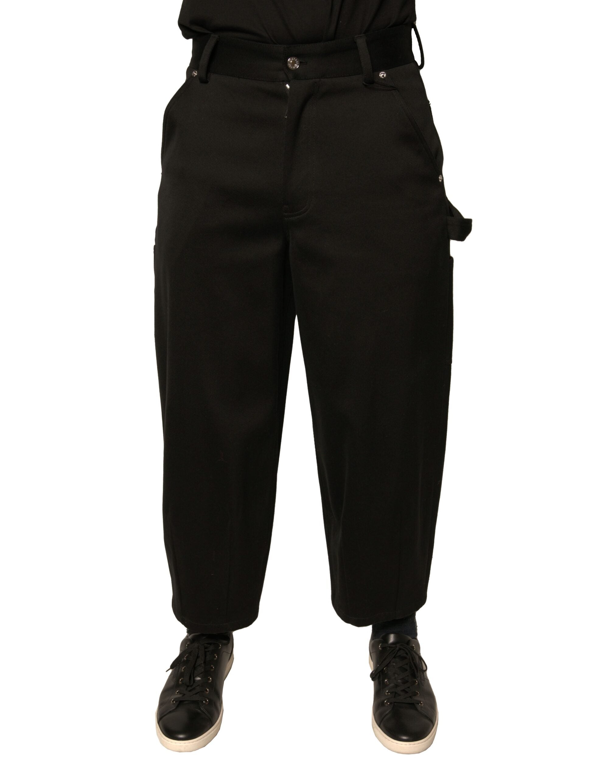 Cotton Mid-Waist Cropped Trousers — Black