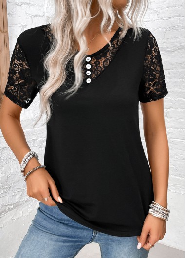 Modlily Black Lace Short Sleeve V Neck T Shirt