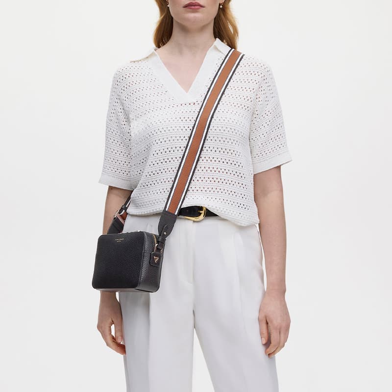 The Camera Crossbody Bag in Black Pebble with Webbing Strap