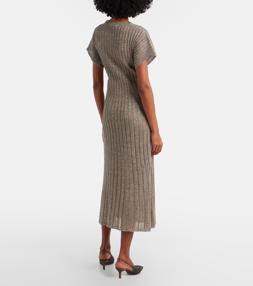 Ribbed-knit lamé midi dress