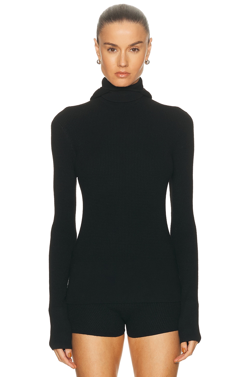 Fear of God ESSENTIALS Waffle Hooded Long Sleeve Top in Jet Black - Black. L also in XS