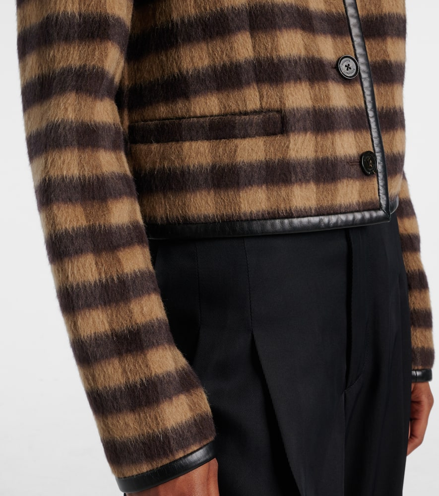 Checked leather-trimmed wool-blend jacket