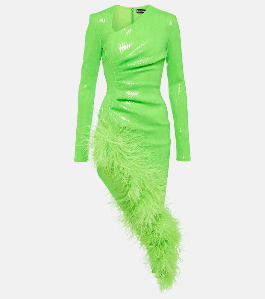 Asymmetric feather-trimmed midi dress