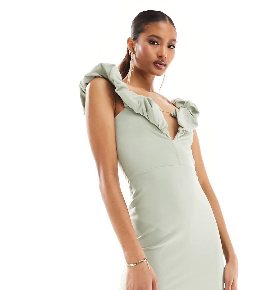 Vesper exclusive ruffle bardot bodycon midi dress in olive green