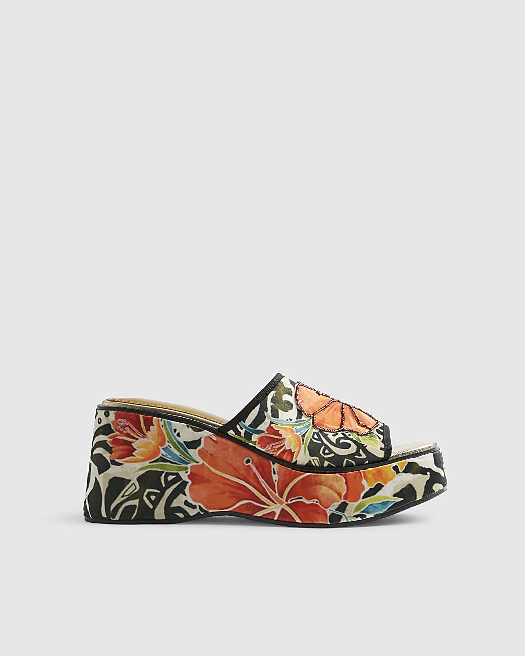 River Island Womens Mule Wedges Orange Flower Print Floral Del Maar Textile