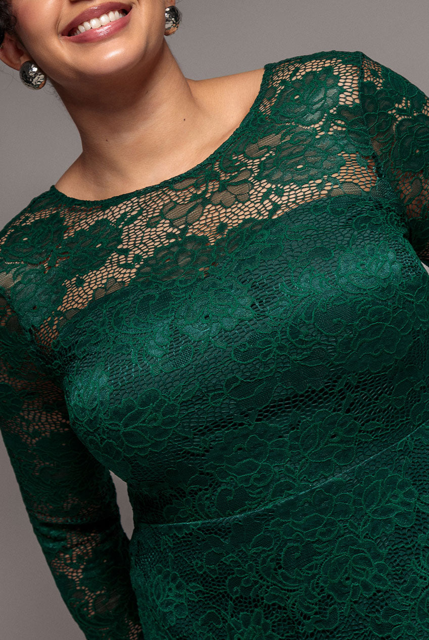 Goddiva Plus Scalloped Lace A-Line Maxi Dress - Emerald Green