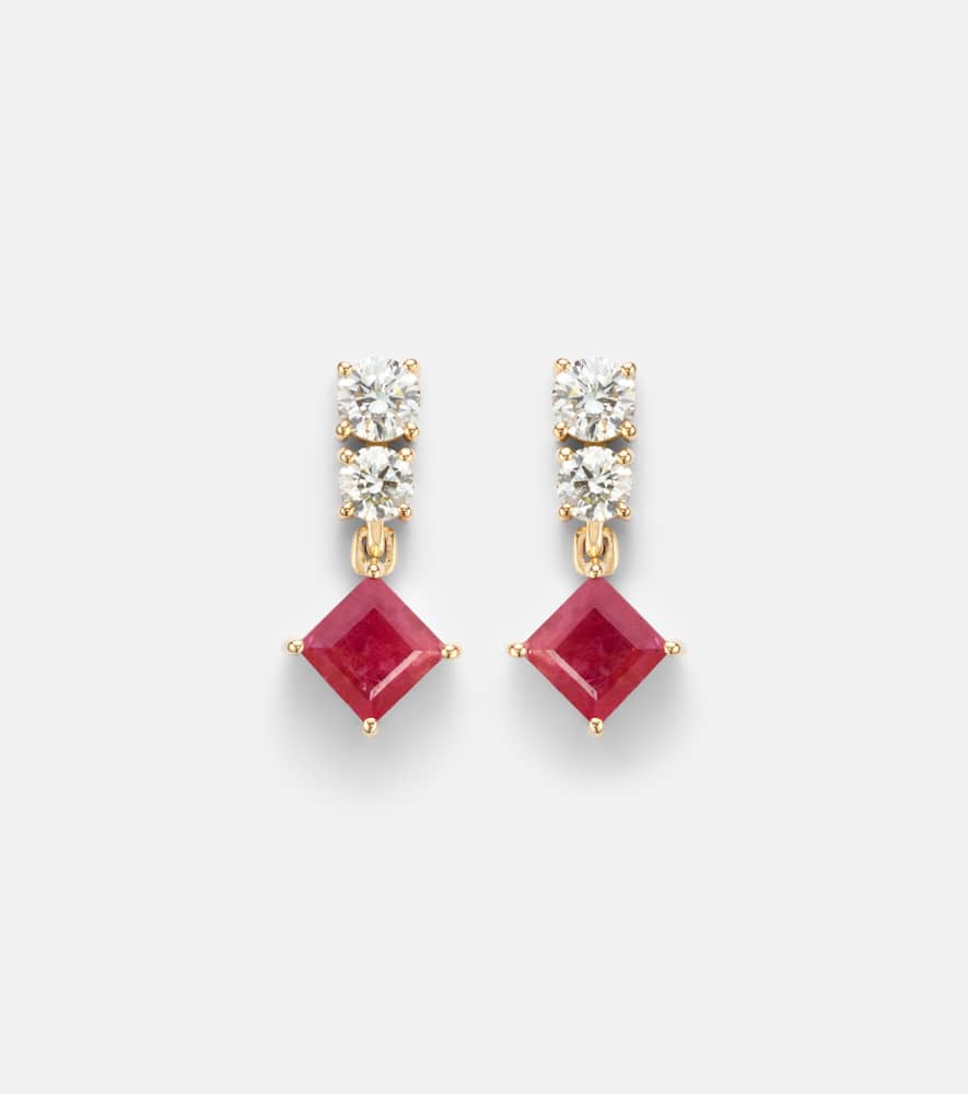 14kt gold (585/1000) earrings with diamonds, pink sapphire, and ruby