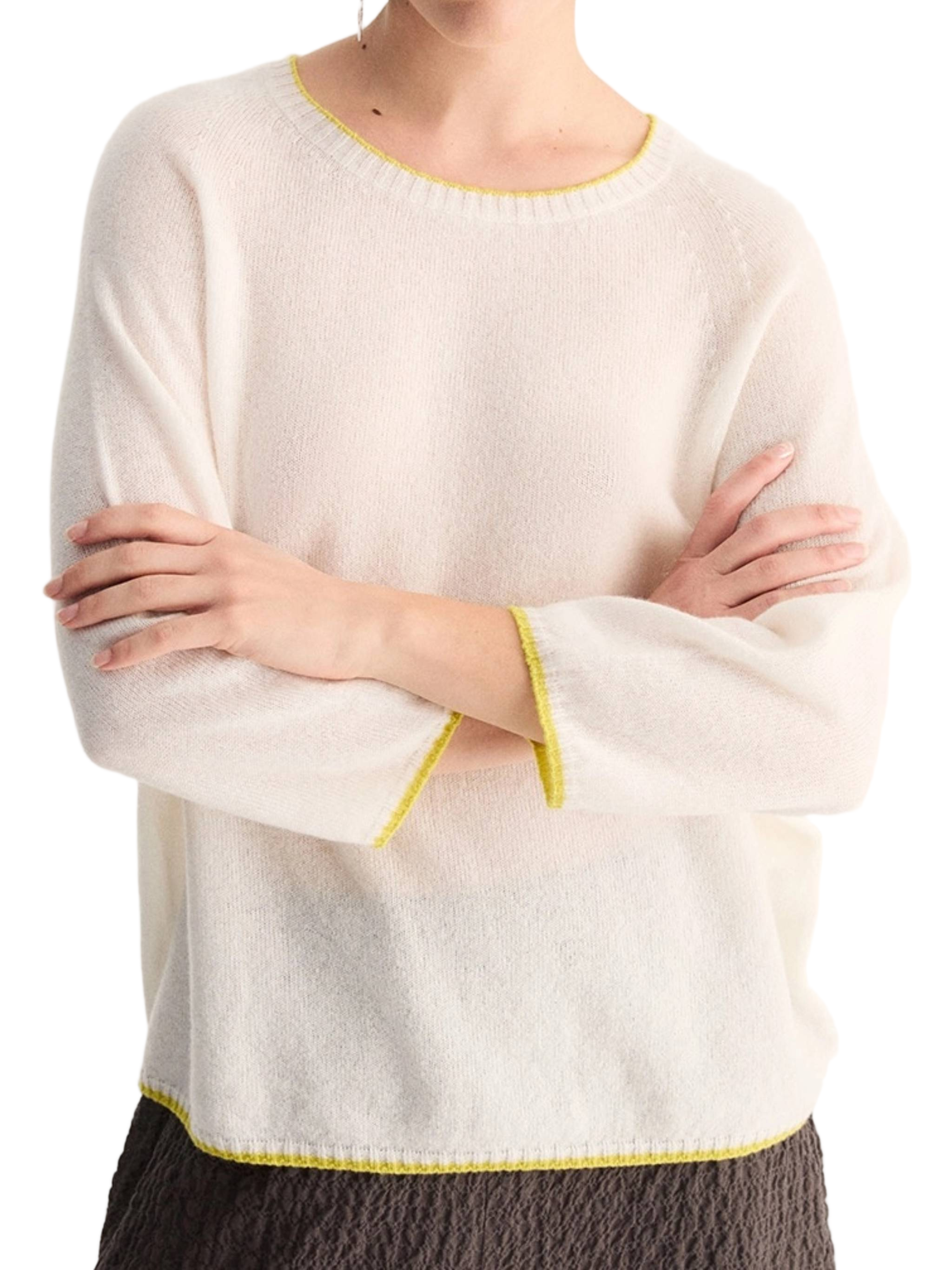 Boxy White Yellow Edging Knit Sweater